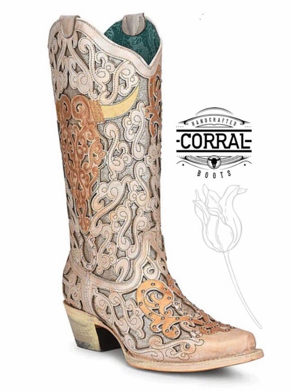 Corral A4408 Ladies Bull Skull Embroidery And Glitter Inlay Boots